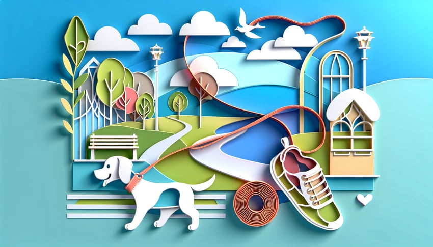 Paper art illustration depicting a dog walking client form template with a dog and leash elements