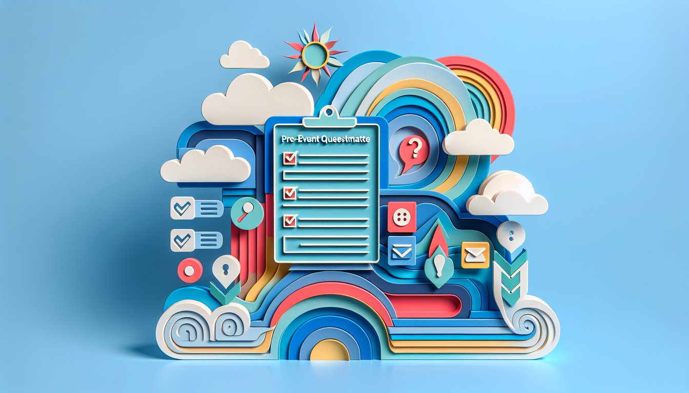 Paper art illustration depicting a pre-event questionnaire form with design elements for FormCreatorAI.