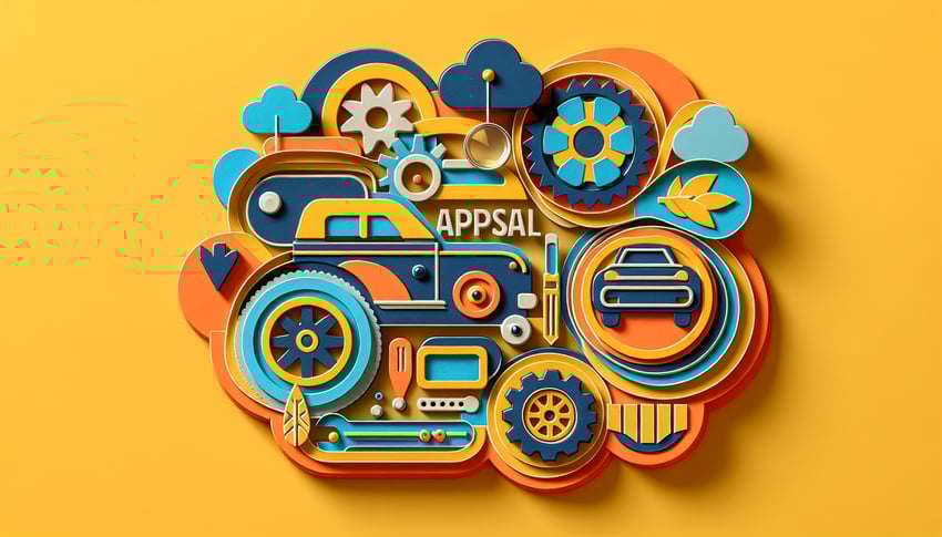 Paper art illustration depicting a vehicle appraisal form for an article about FormCreatorAI