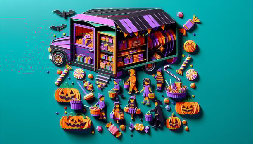 Paper art illustration featuring a trunk or treat registration form for use with FormCreatorAI.