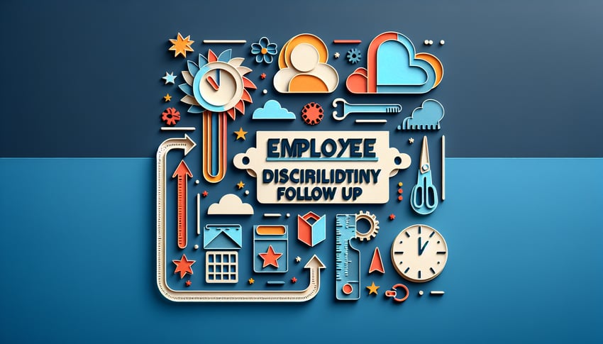 Paper art illustration depicting an employee disciplinary action follow up form template and related elements