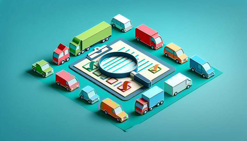 Paper art illustration depicting a fleet inspection form with checkboxes and a pen for FormCreatorAI article
