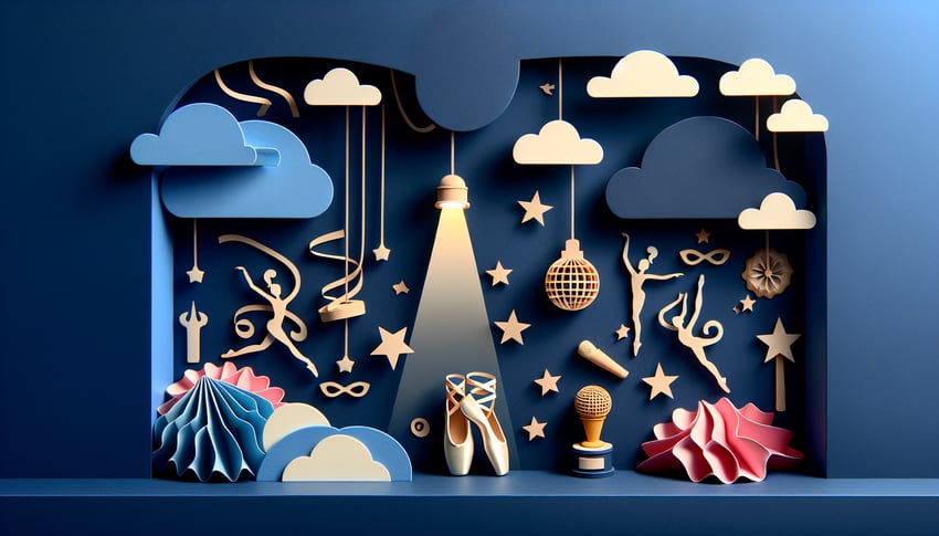 Paper art illustration featuring a dance competition registration form with vibrant colors and artistic design elements