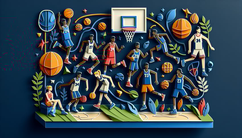 Paper art illustration depicting a basketball roster form template for FormCreatorAI article