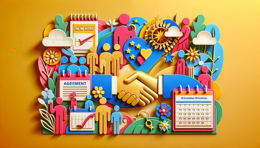 Paper art illustration featuring a checklist and office elements for new hire orientation guide.