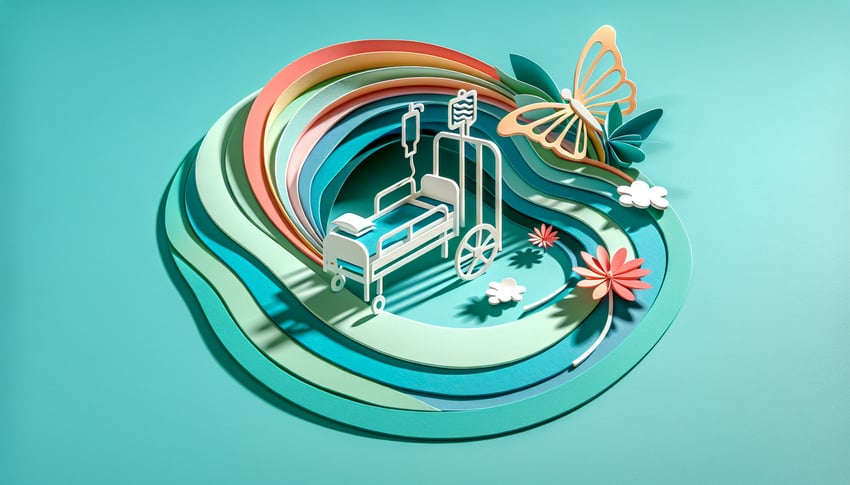 Paper art illustration featuring a hospital discharge form for an article on FormCreatorAI.