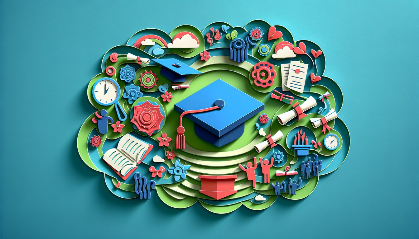 Paper art illustration depicting graduation caps and diplomas for an RSVP form template article