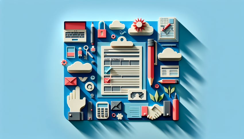 Paper art illustration depicting a client information form template and design elements for FormCreatorAI