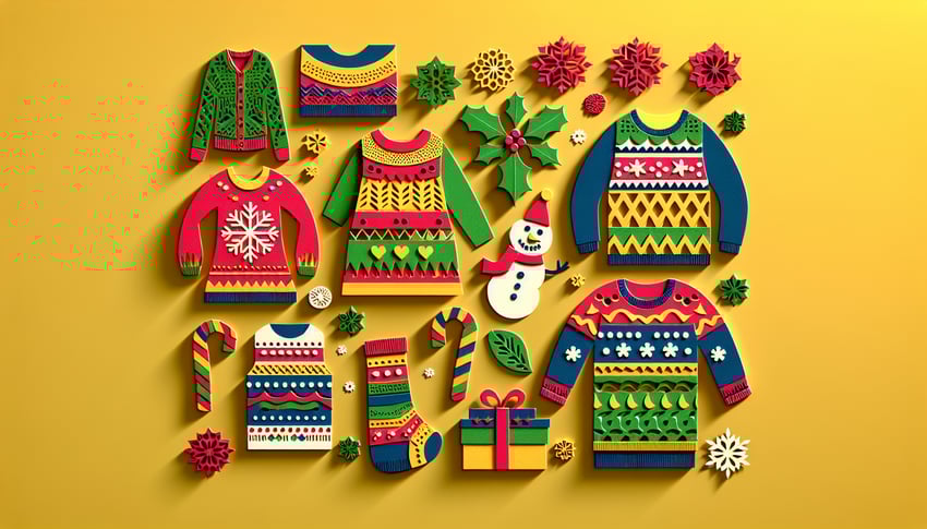 Paper art illustration showcasing an ugly Christmas sweater contest form template for FormCreatorAI article