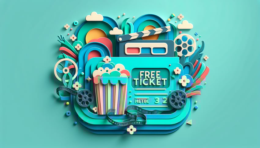 Paper art illustration depicting a movie ticket design for an article on free movie ticket form template by FormCreatorAI