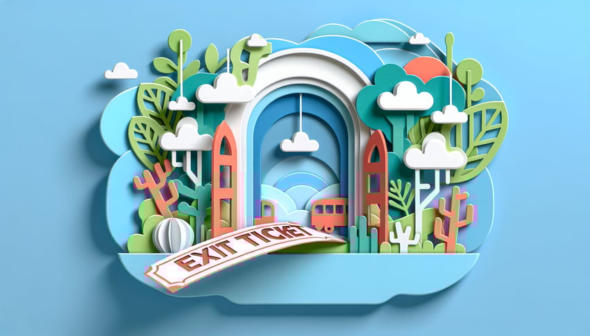 Paper art illustration representing an exit ticket form template for educational feedback.